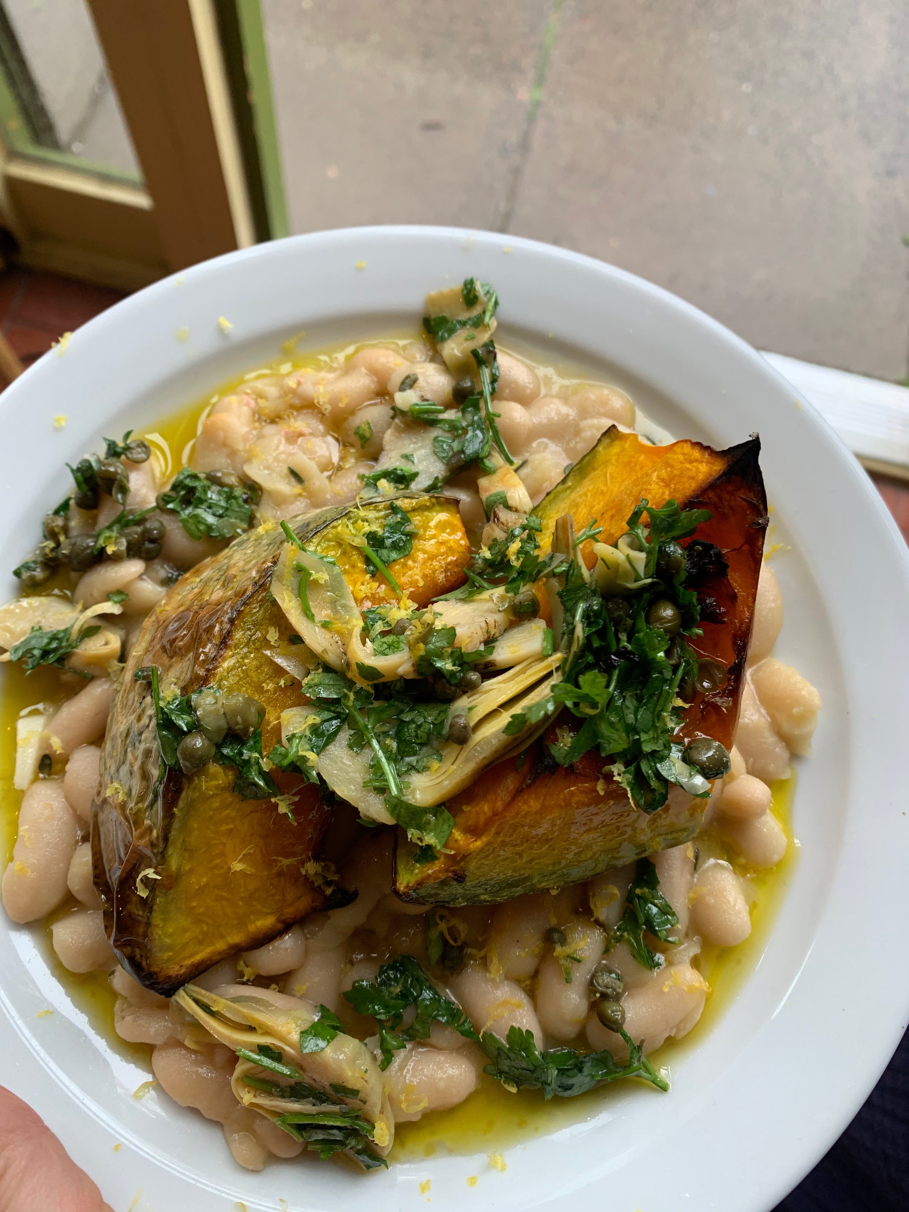 Roast Pumpkin + Braised Beans with Artichoke-Caper Dressing