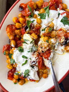 Saffron Chickpeas + Blistered Tomatoes with Burrata