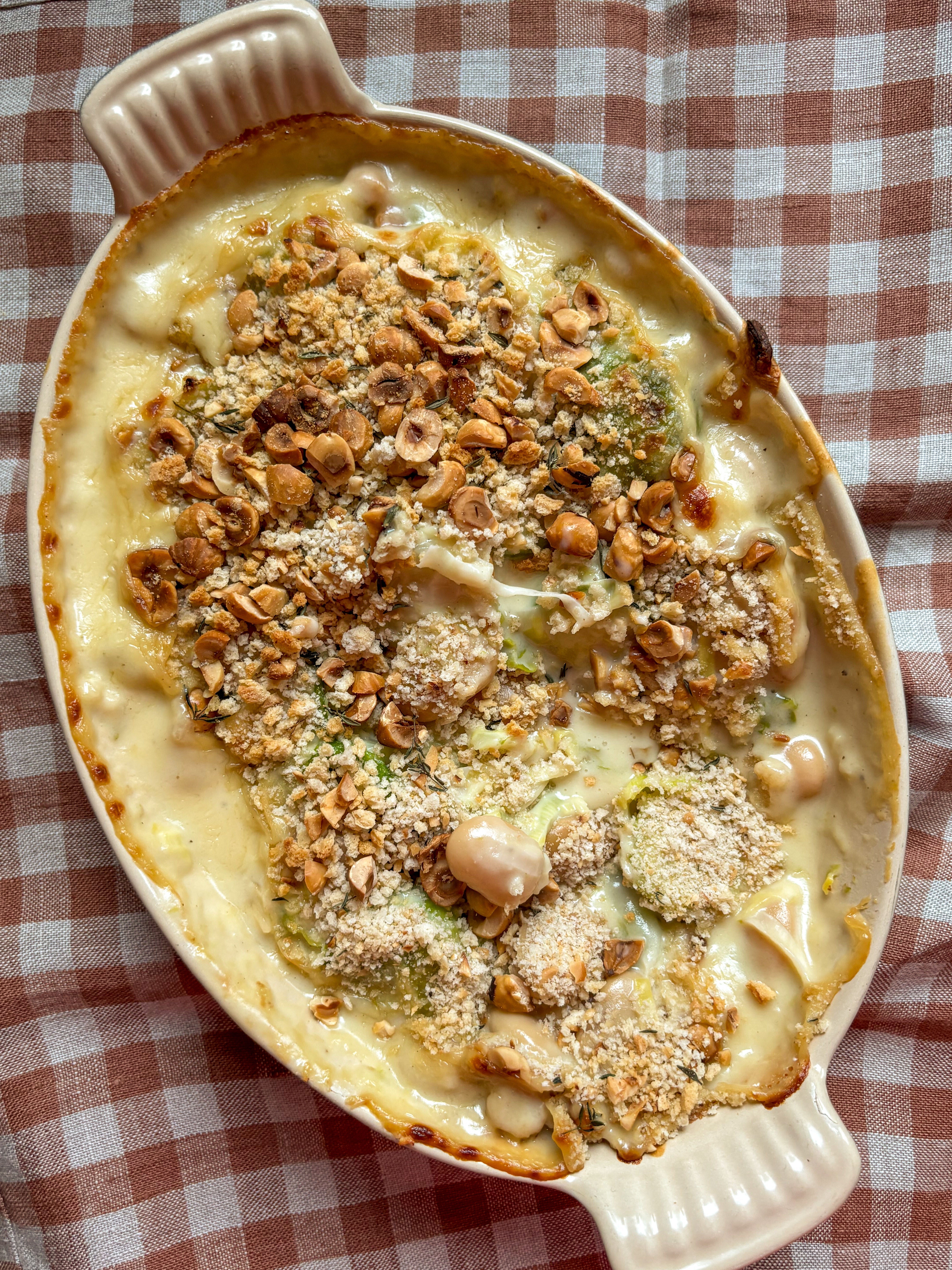 Creamy Leek, Sprout + Butter Bean Gratin