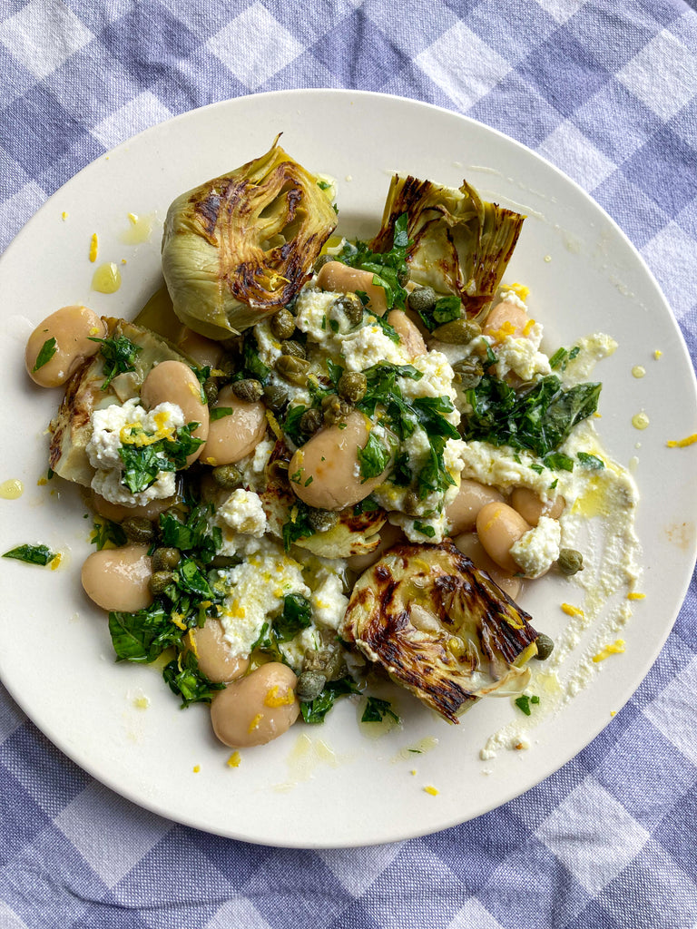 Marinated Butter Beans, Ricotta + Charred Artichoke Hearts with Salsa Verde