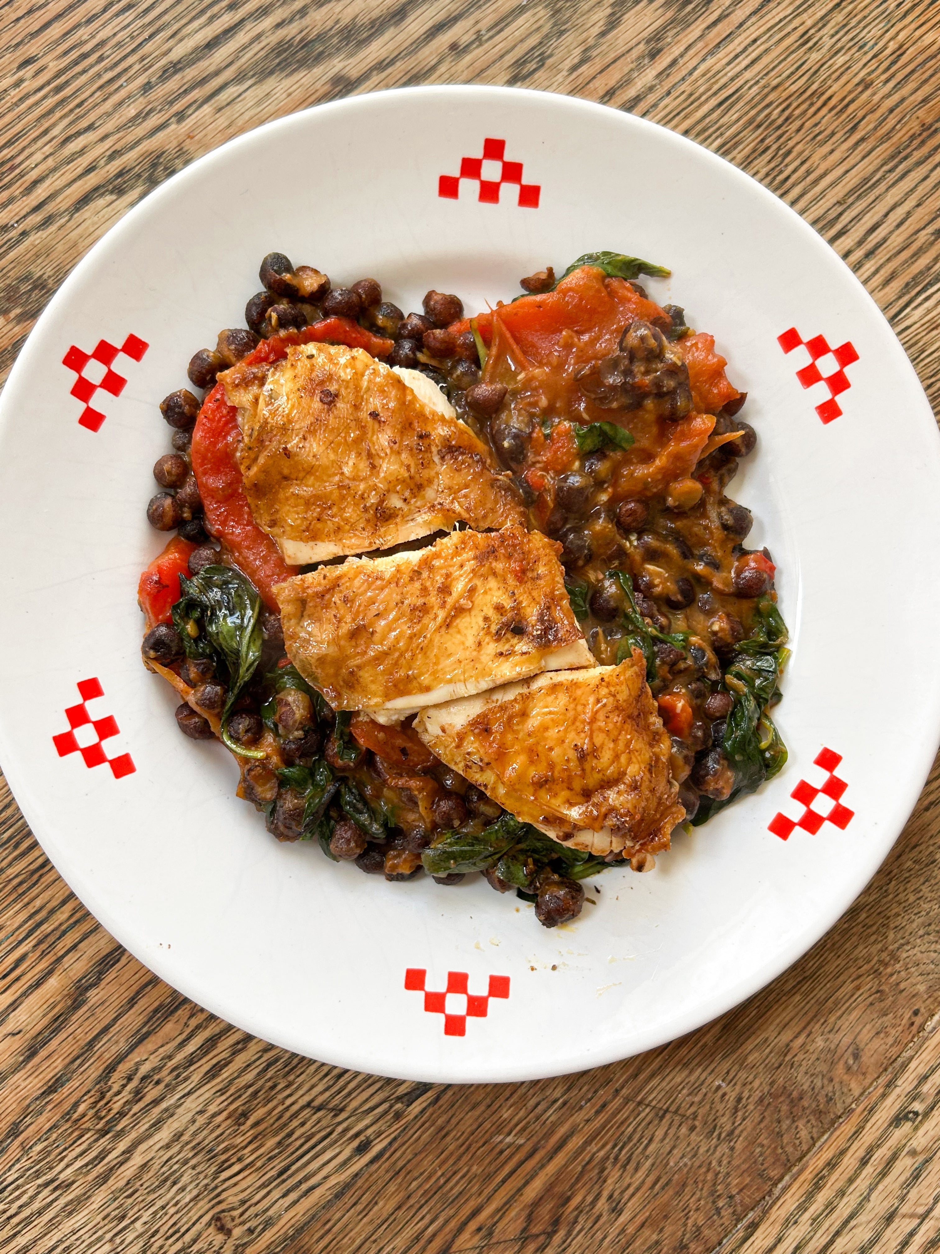 Spatch-cocked Spiced Chicken with Peppers + Queen Carlin Peas