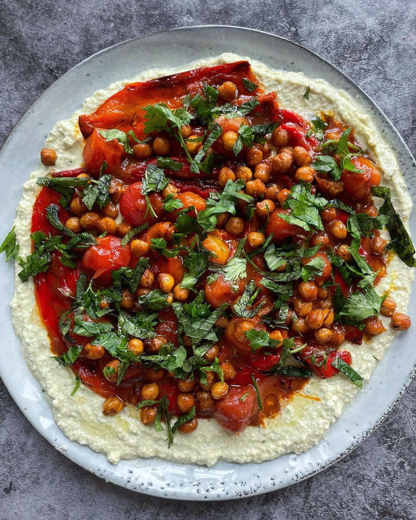 Whipped Feta, Roasted Peppers + Tomatoes and Crispy Chickpeas