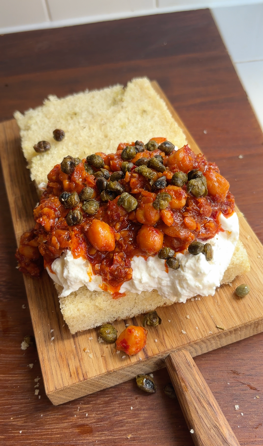 Smashed Nduja Chickpea + Stracciatella Sandwich with Crispy Capers