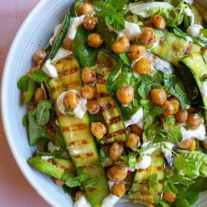 Grilled Courgette + Chickpea Salad with Lemony Yoghurt