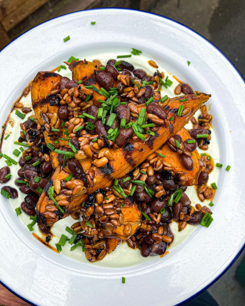 Charred Sweet Potatoes, Black Beans + Chive Yoghurt with a Chilli Seed Crunch