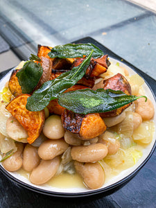 Butter Beans with Roasted Sweet Potato + Crispy Sage