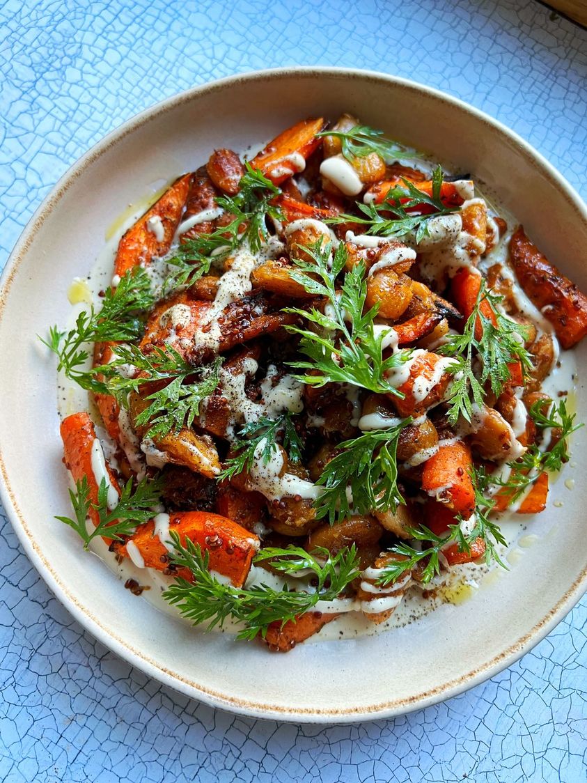 Roasted Carrot, Butter Bean + Quinoa Traybake with Tahini Dressing
