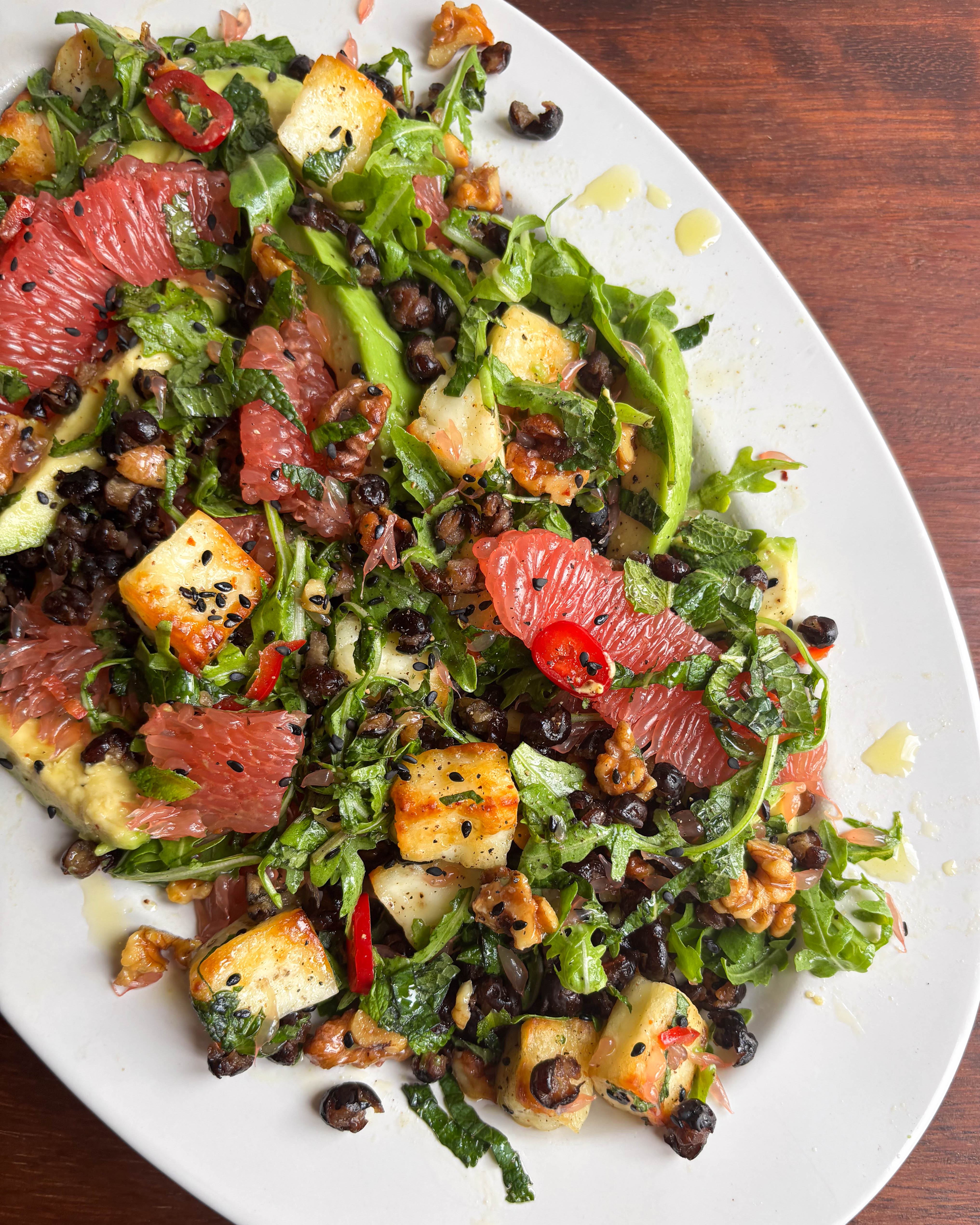 Carlin Pea, Halloumi + Pink Grapefruit Salad
