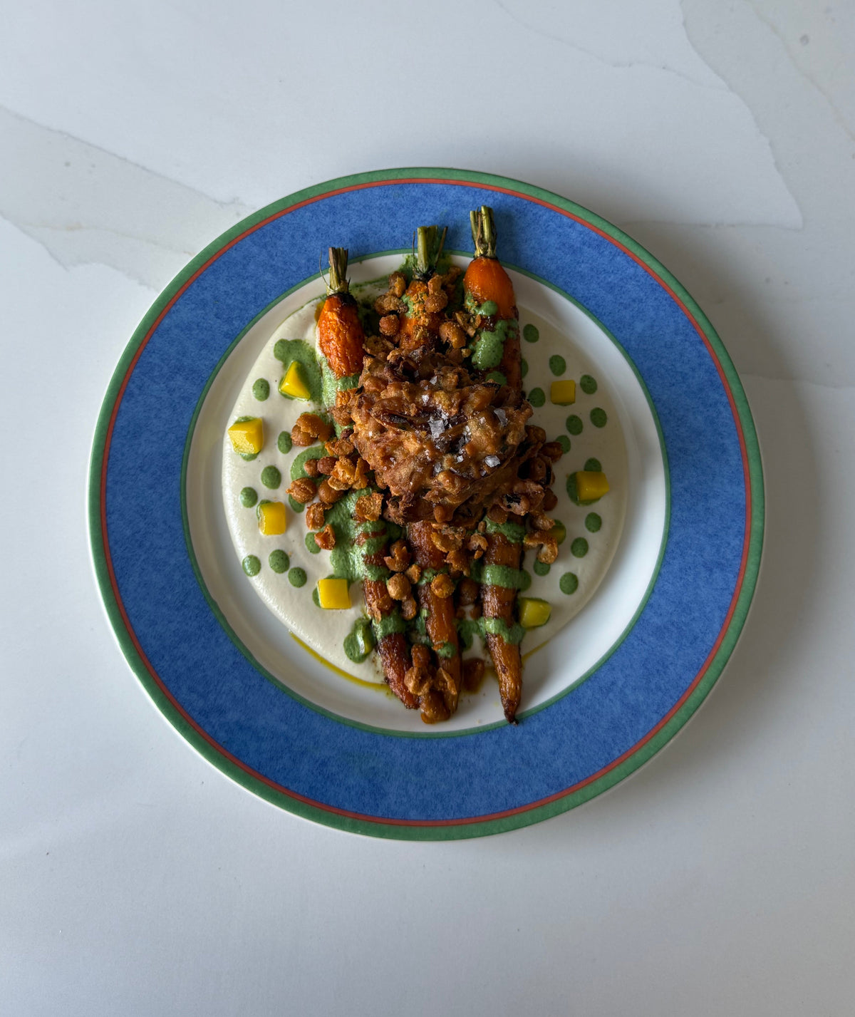  Garam Masala Carrots with Onion Bhaji, Cashew Purée, Chickpea Dukkah + Pickled Mangos 