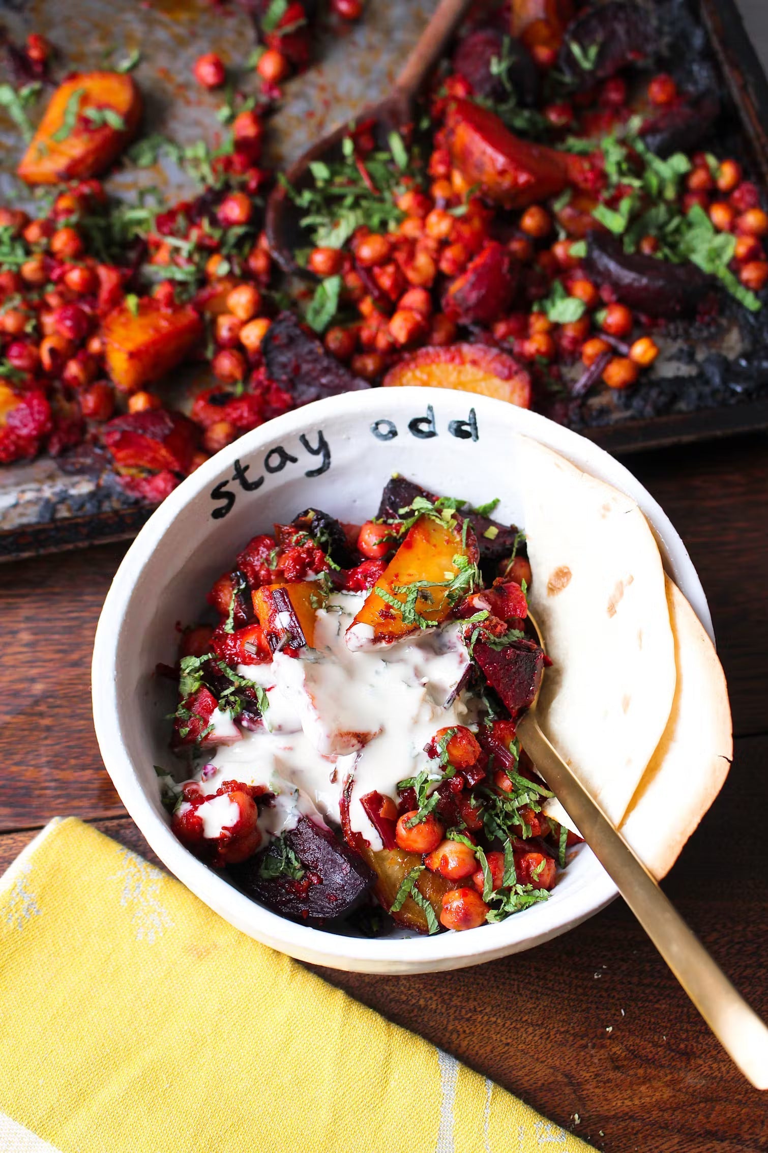 Beetroot + Chickpea Harissa Traybake with Creamy Tahini Dressing