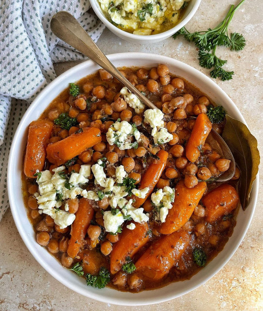 Braised Chickpeas with Carrots, Dates + Feta