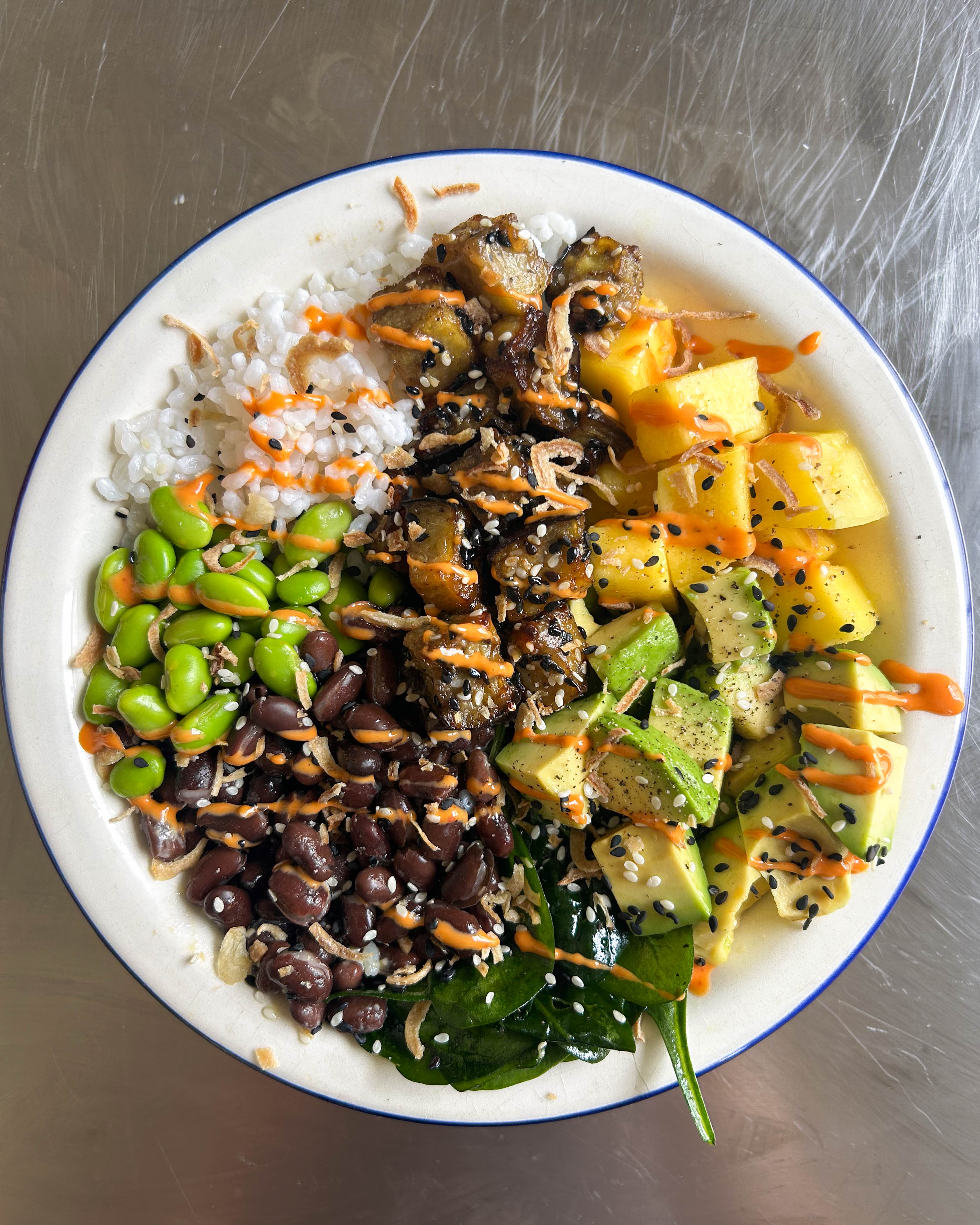 Miso Black Bean + Sticky Rice Poke Bowl with Miso Glazed Aubergine