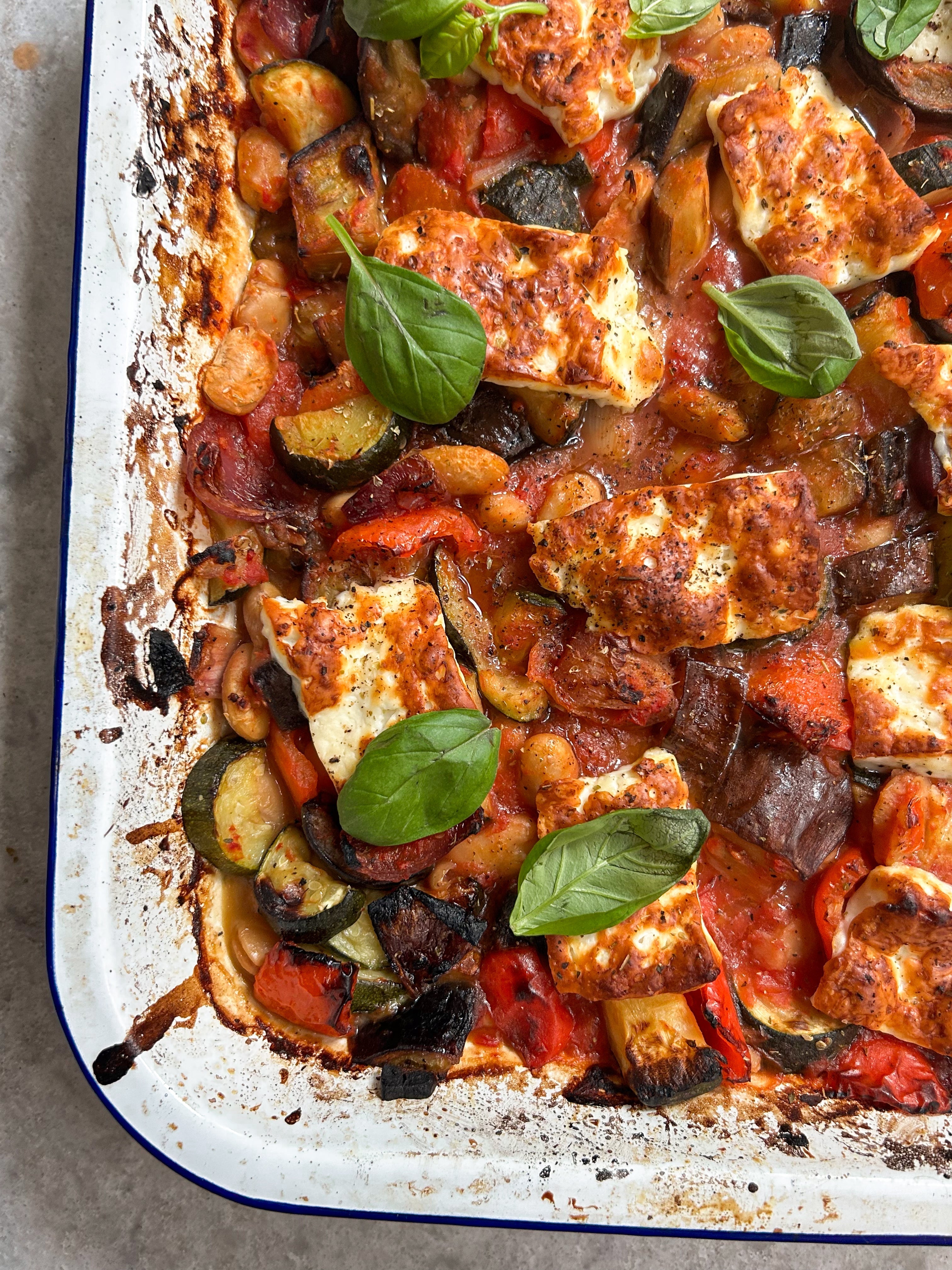 Mediterranean Veg + Butter Bean Traybake with Golden Halloumi