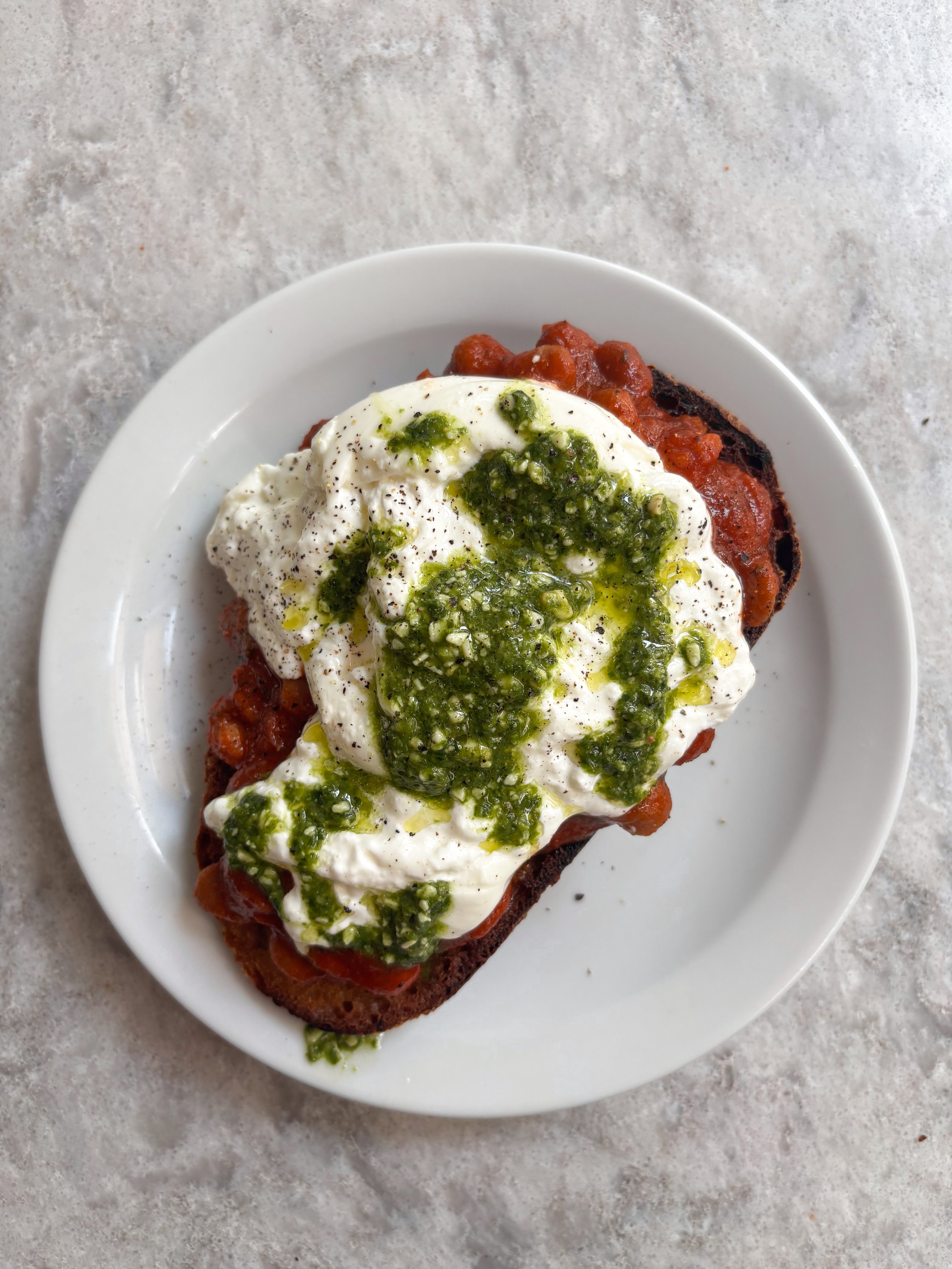 Rich Tomato Baked Beans with Burrata + Pesto