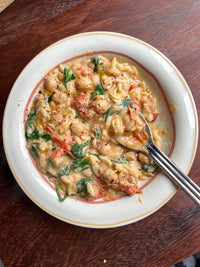 Creamy Garlic + Herb Chickpea Orzo Bake with Burst Tomatoes