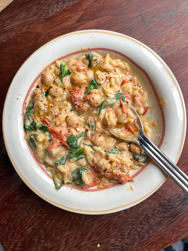 Creamy Garlic + Herb Chickpea Orzo Bake with Burst Tomatoes