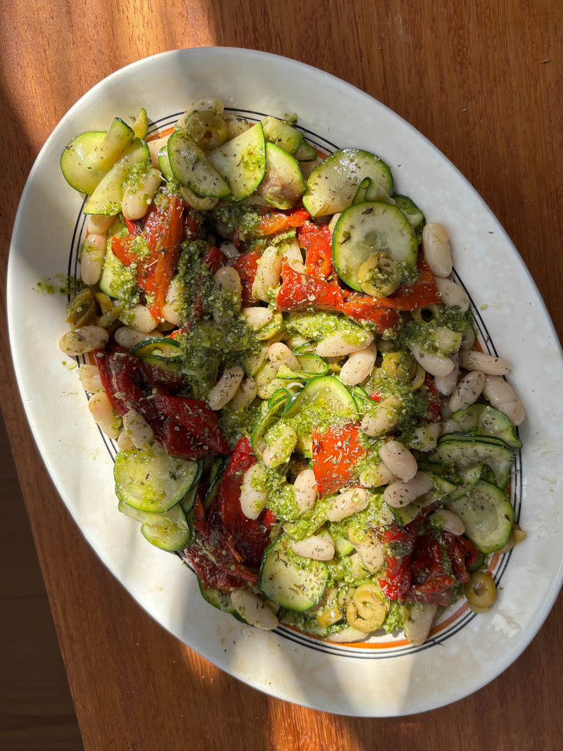 Ratatouille-Style Salad with Pesto Beans, Roasted Red Peppers + Courgettes
