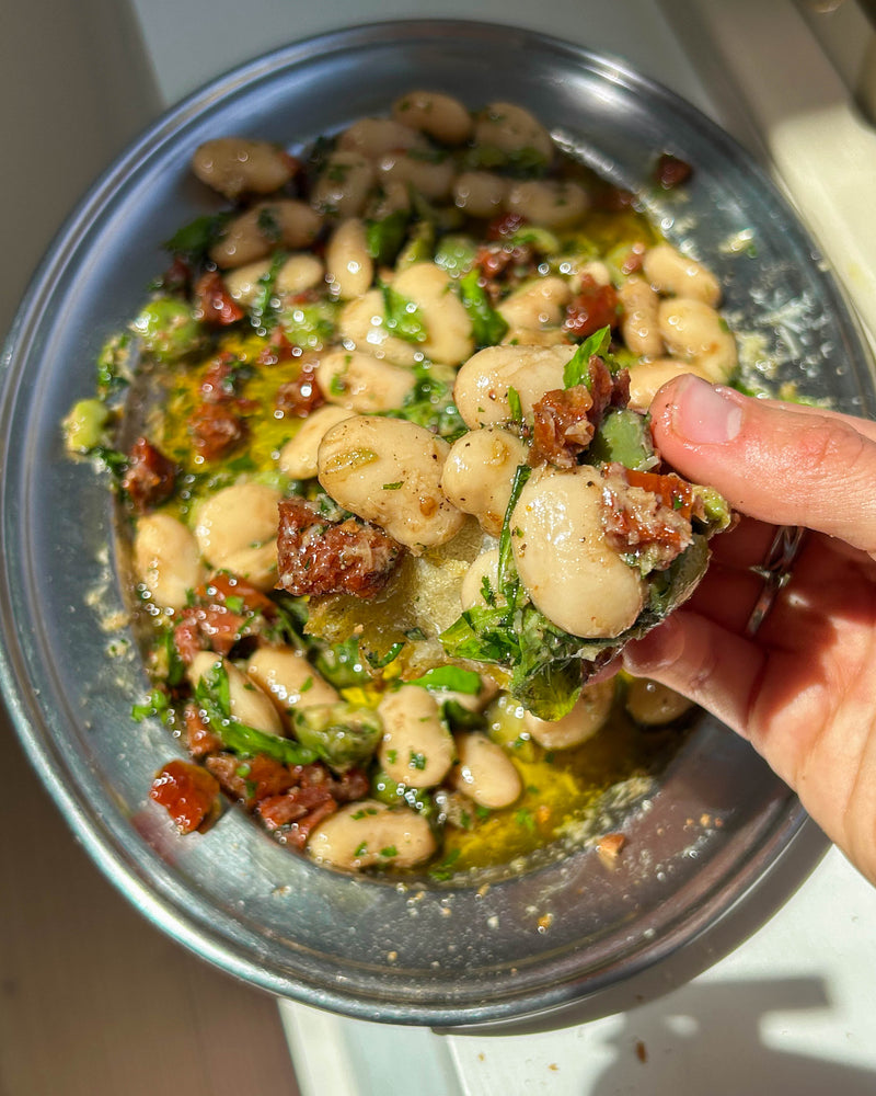 Butter Bean Antipasti with Olives, Sundried Tomatoes + Balsamic Glaze