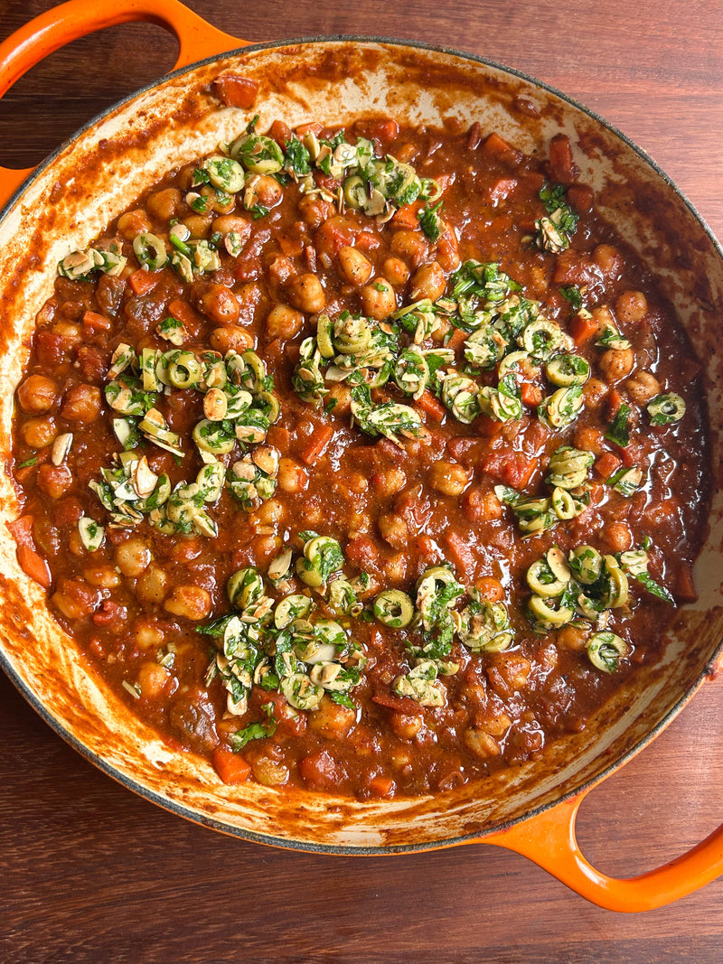 Moroccan-Inspired Chickpea Tagine with Herby Bulgur Wheat and Lemon + Olive Salsa