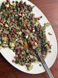Crispy Quinoa + Black Chickpea Salad with Pomegranate + Creamy Tahini Dressing