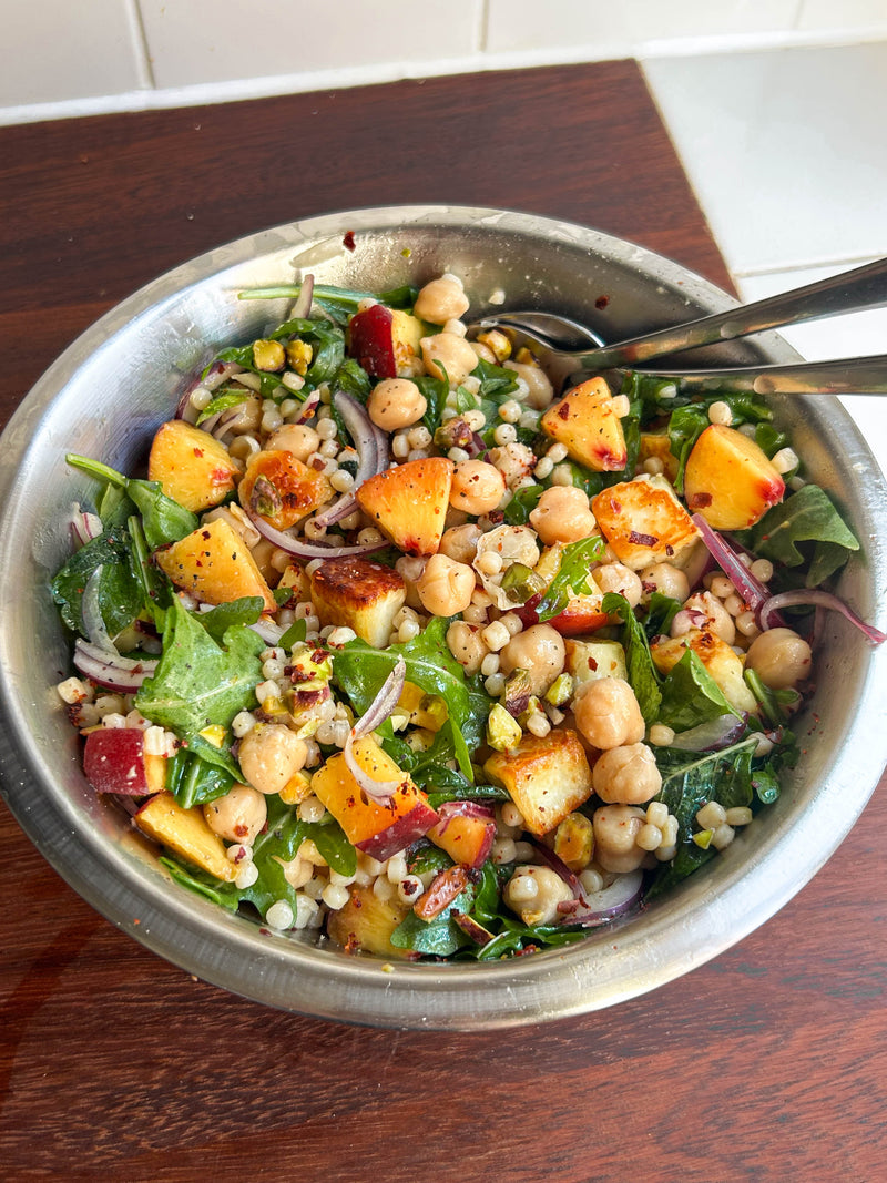 Hot Honey Halloumi, Peach, Chickpea + Pearl Couscous Salad