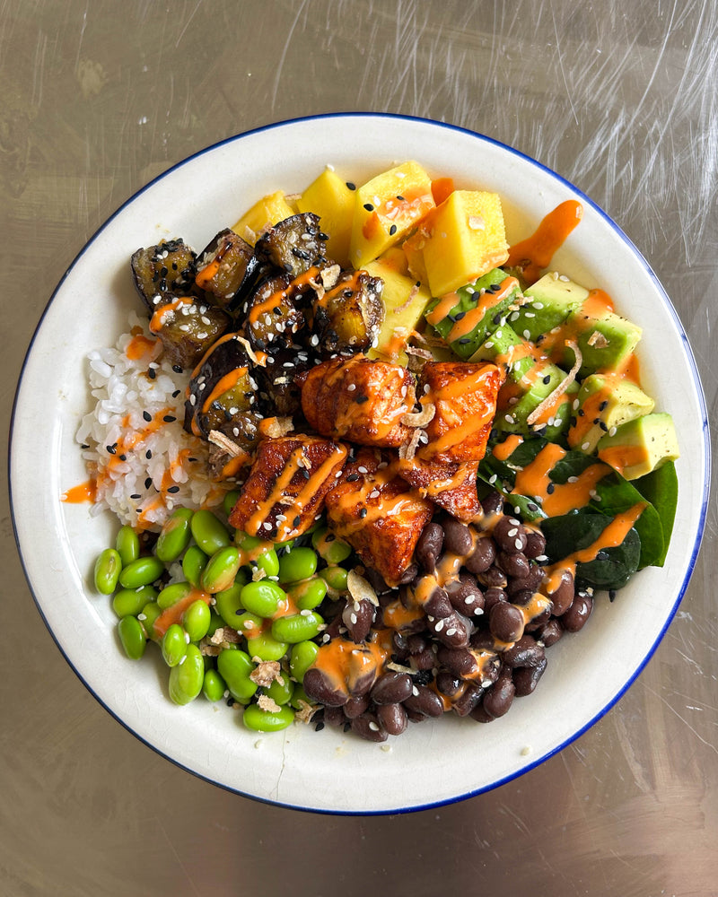 Miso Black Bean + Sticky Rice Poke Bowl with Miso Glazed Aubergine