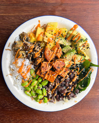 Miso Black Bean + Sticky Rice Poke Bowl with Miso Glazed Aubergine